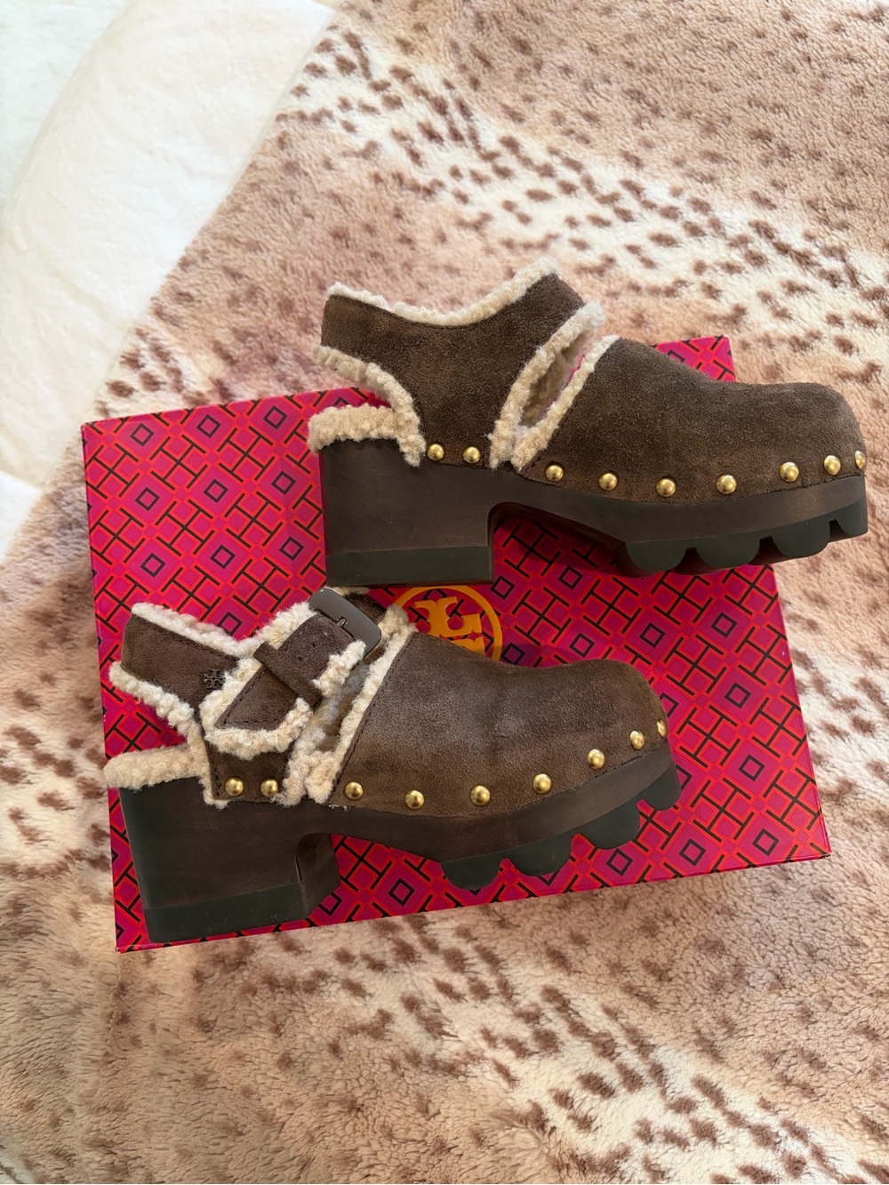 Tory Burch Brown Suede Shearling-Trim Clog Sandals
